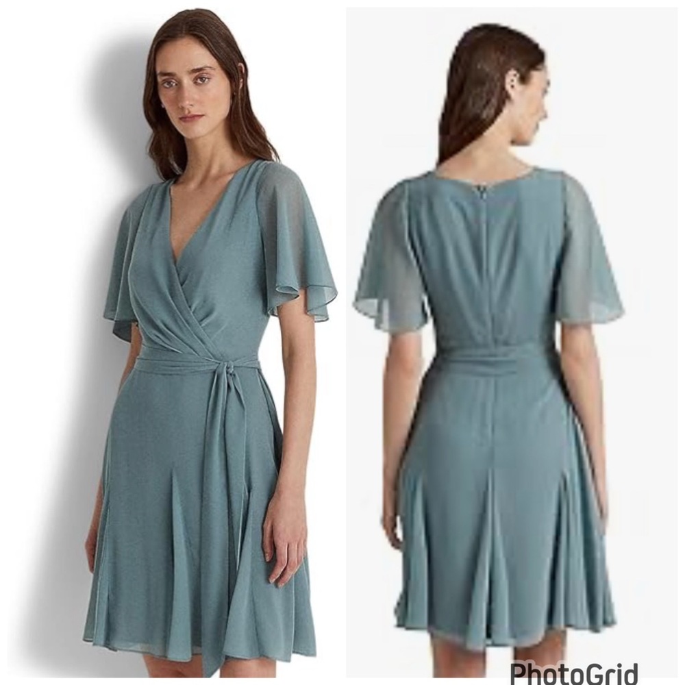Lauren Ralph Lauren Womens Green Ruffled Chiffon Fit & Flare Dress NWT - Picture 2 of 12